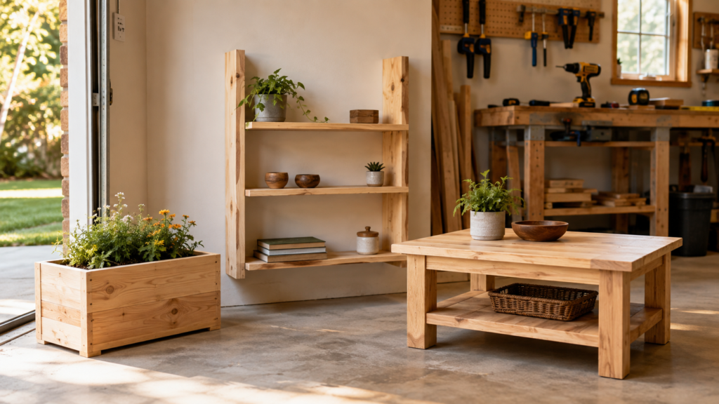 Beginner Woodworking Projects You Can Build With Basic Tools Alt Text: Beginner woodworking projects including planter box shelf and coffee table