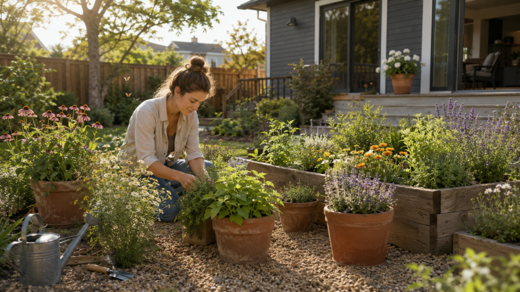 How to Start a Medicinal Herb Garden at Home: A Beginner's Guide Alt Text: Beginner medicinal herb garden with herbs growing in raised beds and containers