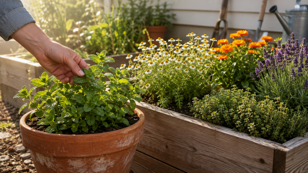 How to Start a Medicinal Herb Garden at Home: A Beginner's Guide Peppermint growing separately in container beside a raised herb garden