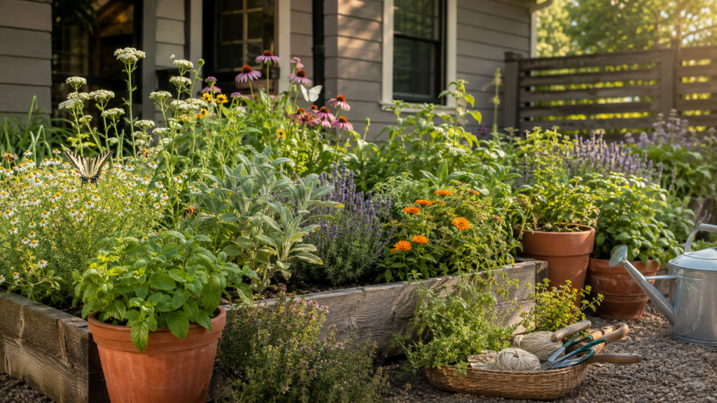 9 Easy Medicinal Herbs to Grow at Home for Beginners Nine medicinal herbs growing in a beautiful beginner home herb garden