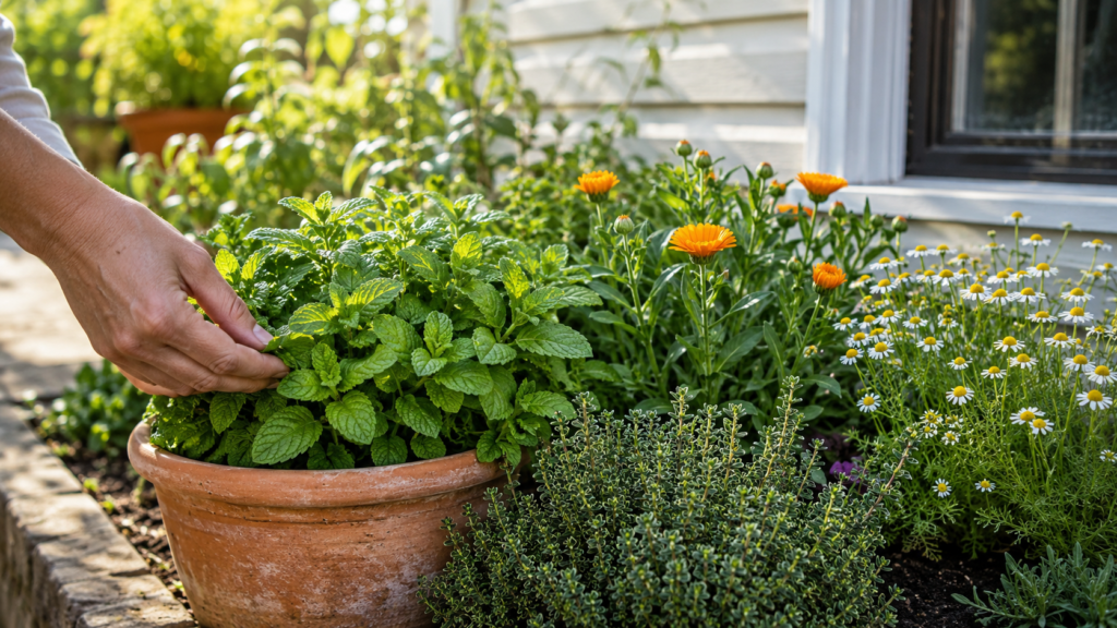 9 Easy Medicinal Herbs to Grow at Home for Beginners Peppermint growing separately in a container beside other home herbs