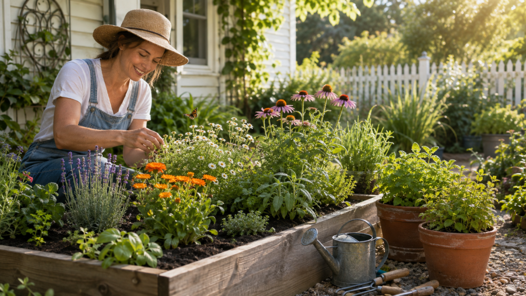 9 Easy Medicinal Herbs to Grow at Home for Beginners Beginner gardener choosing herbs for a raised home herb garden